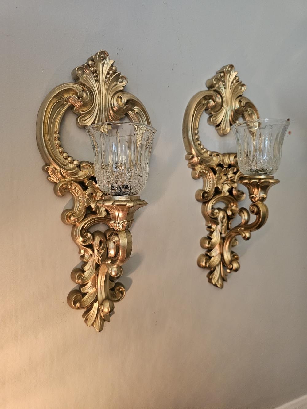Homco Gold Ornate Wall Sconce Pair with Glass Shades